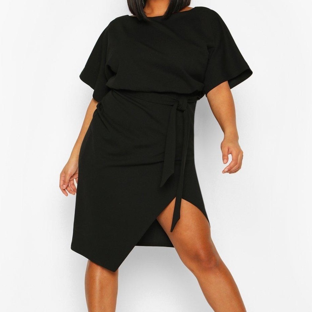 Black Wrap-Front Belted Women's Dress
